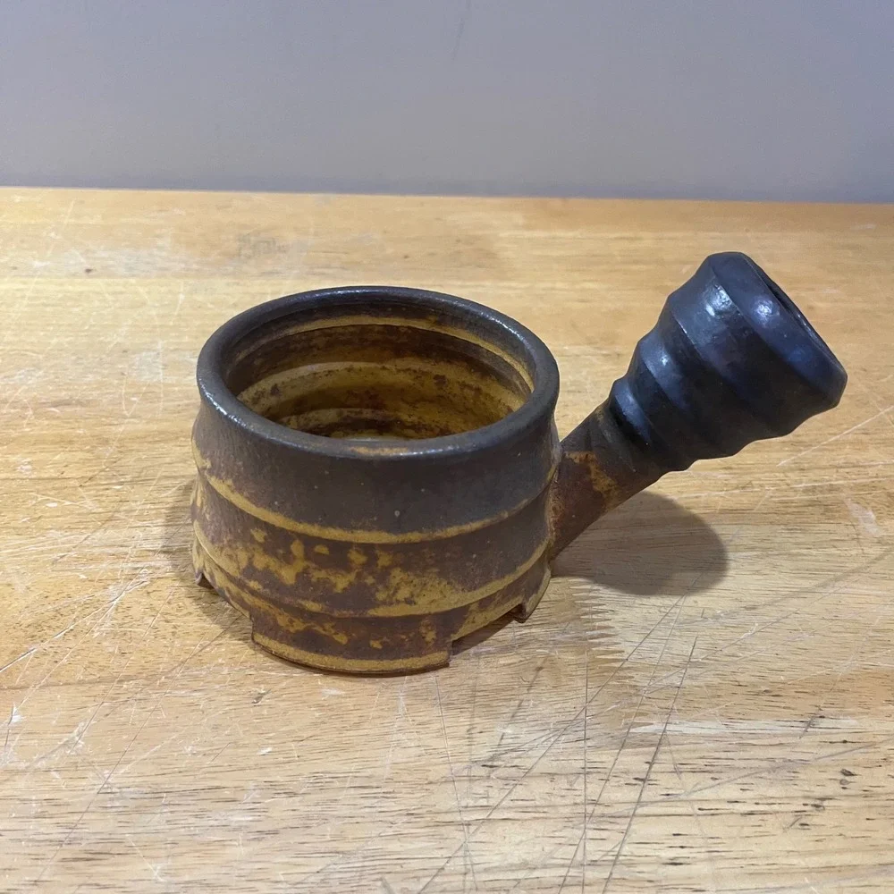 M. Bowen Studio Pottery Brutalist Stoneware‎ Candle Holder Vtg Mustard Brown